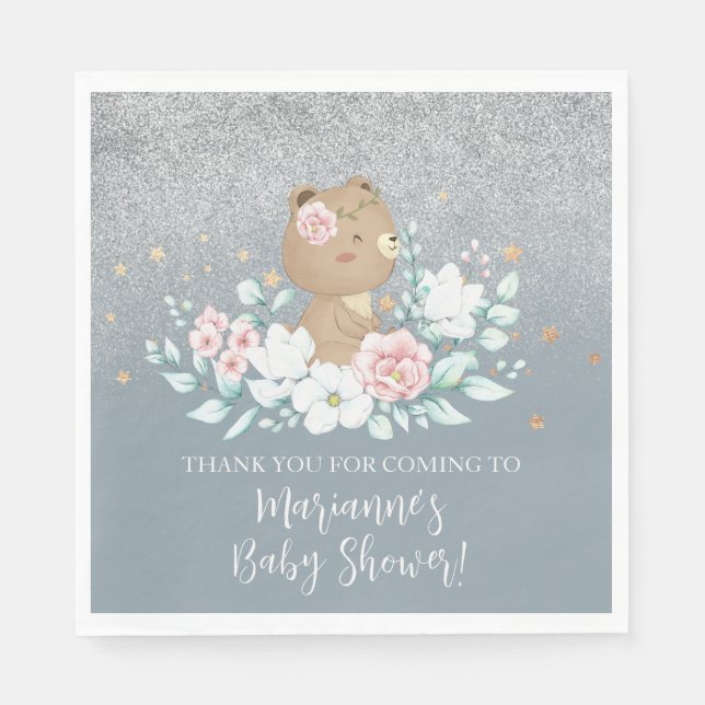  Bear Baby Shower Floral Glitter Muted Blue  Napkins (Front)