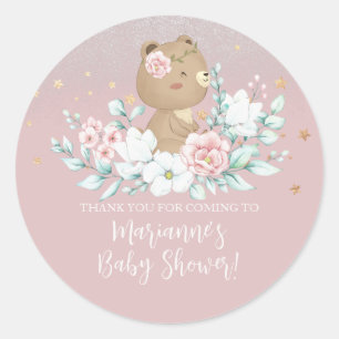 Bear Baby Shower Floral Glitter Muted Pink Classic Round Sticker