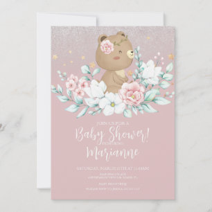 Bear Baby Shower Floral Glitter Muted Pink Invitation