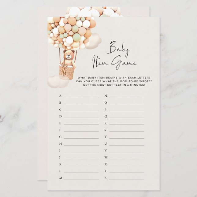 Bear Baby Shower Game - Baby Item Game (Front/Back)