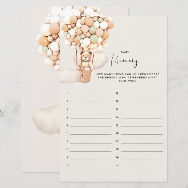 Bear Baby Shower Game - Baby Memory (Front/Back)