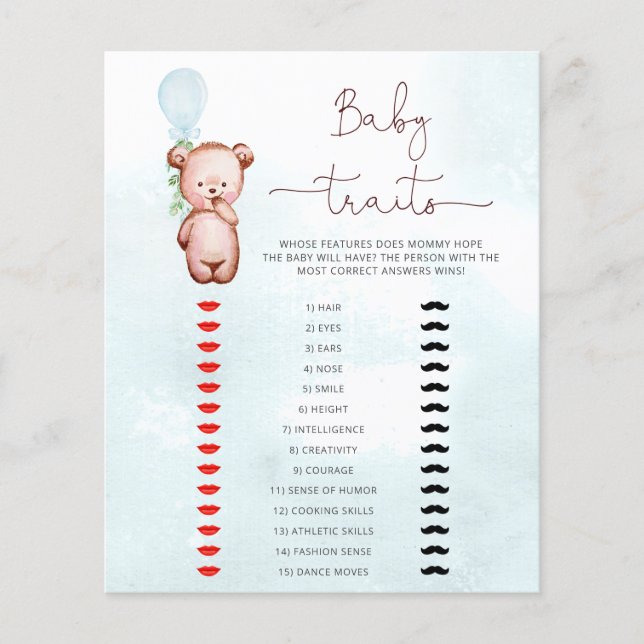 Bear Baby Shower Game Baby Traits (Front)