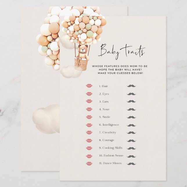 Bear Baby Shower Game - Baby Traits (Front/Back)
