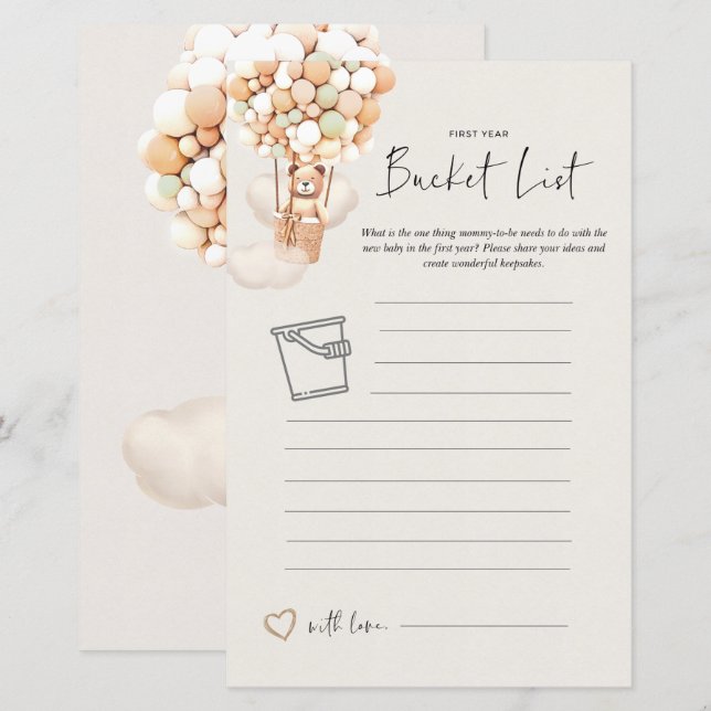 Bear Baby Shower Game - Bucket List (Front/Back)