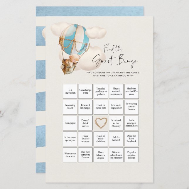 Bear Baby Shower Game - Find The Guest Bingo (Front/Back)