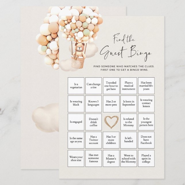 Bear Baby Shower Game - Find The Guest Bingo (Front/Back)