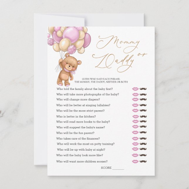Bear Baby Shower Game Guess Who Mommy or Daddy Invitation (Front)