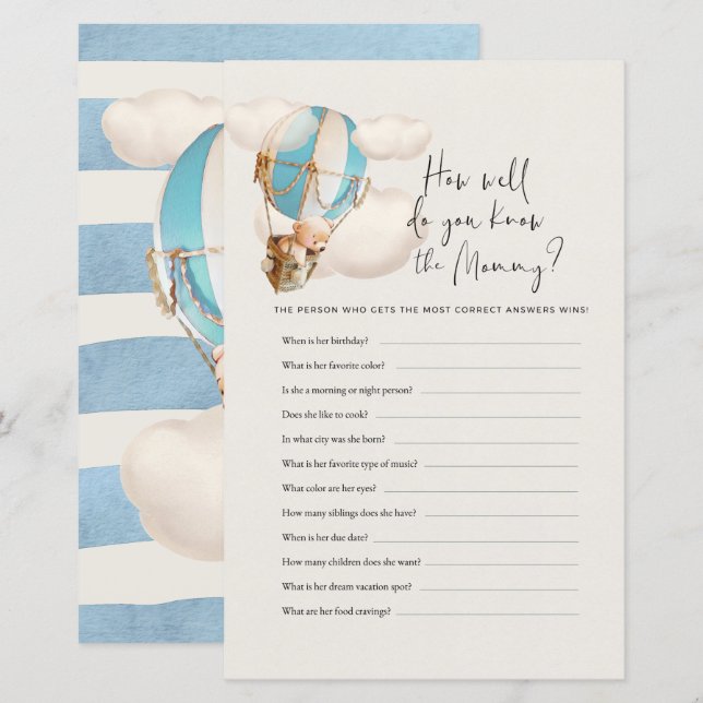 Bear Baby Shower Game - How Well Do You Know Mom? (Front/Back)
