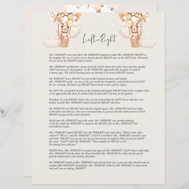 Bear Baby Shower Game - Left Or Right? (Front/Back)