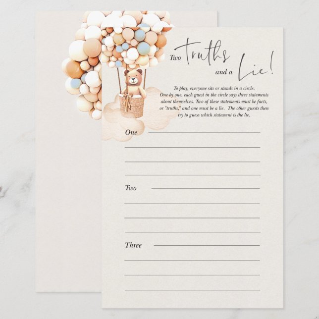 Bear Baby Shower Game - Two Truths And A Lie! (Front/Back)