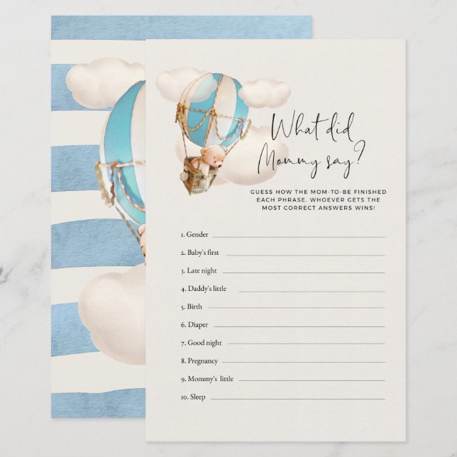 Bear Baby Shower Game - What did Mommy say? (Front/Back)