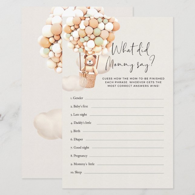 Bear Baby Shower Game - What Did Mommy Say? (Front/Back)