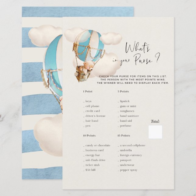 Bear Baby Shower Game - What's In Your Purse? (Front/Back)