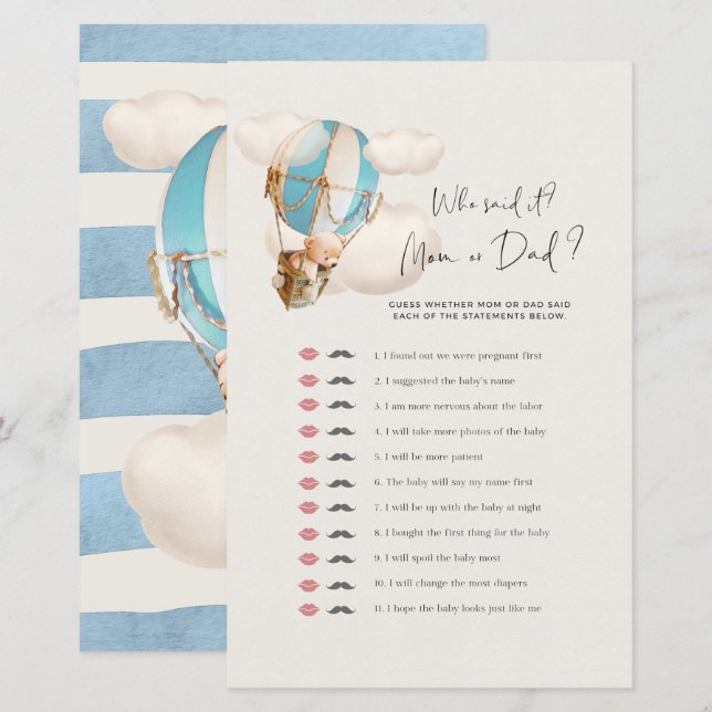 Bear Baby Shower Game - Who Said it? Mom Or Dad? (Front/Back)