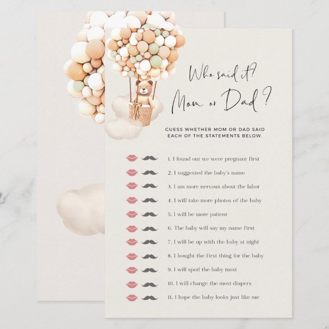 Bear Baby Shower Game - Who Said It - Mom or Dad? (Front/Back)