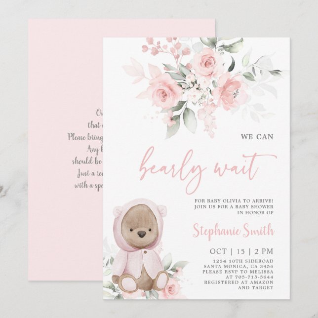 Bear Baby Shower Girl Invitation (Front/Back)