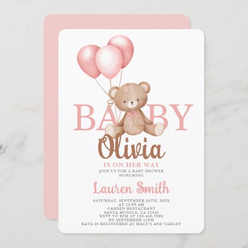 Bear Baby Shower Girl Invitation