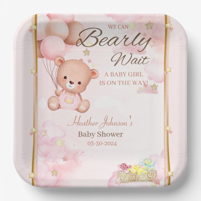 Bear Baby Shower Girl Paper Plates (Front)