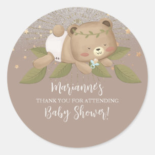 Bear Baby Shower Glitter Bohemian Stars Gold Classic Round Sticker