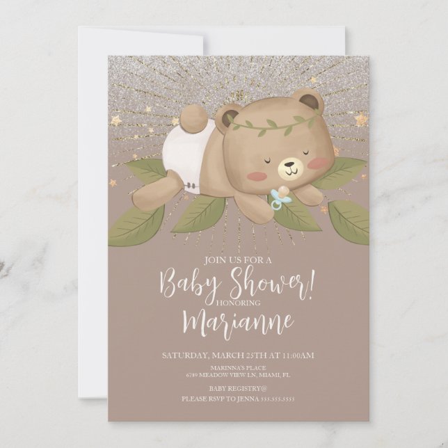  Bear Baby Shower Glitter Bohemian Stars Gold Invitation (Front)