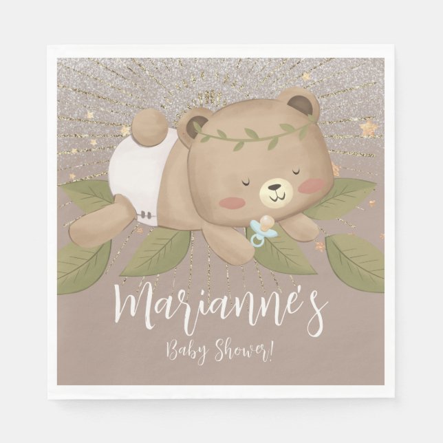  Bear Baby Shower Glitter Bohemian Stars Gold   Napkins (Front)