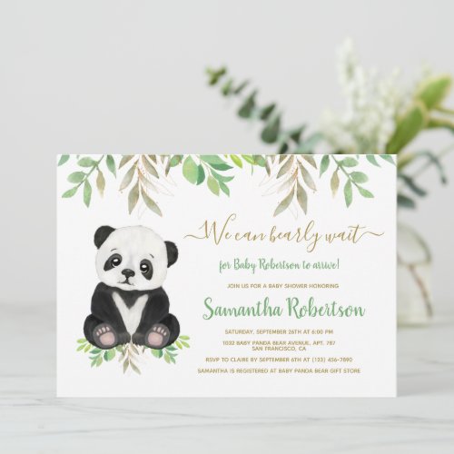 Bear Baby Shower Greenery Botanical Watercolor Invitation
