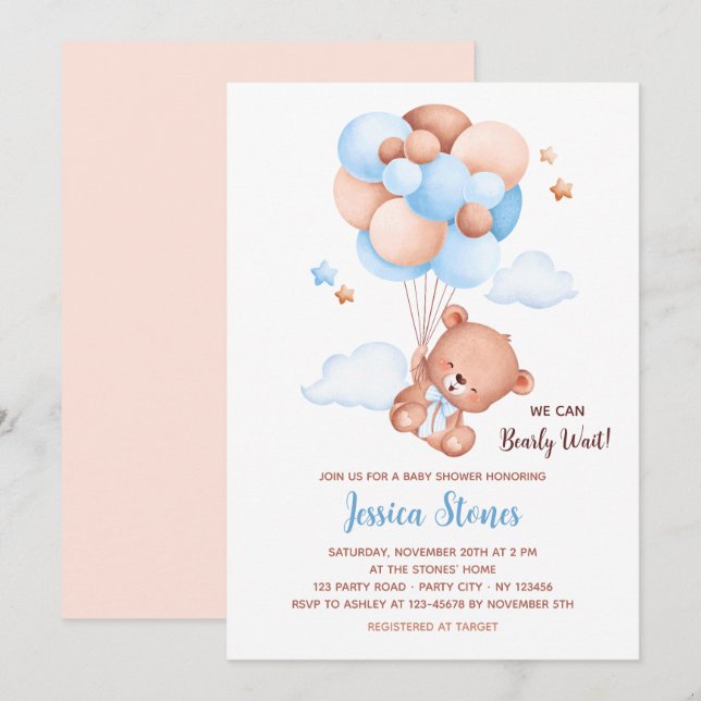 Bear Baby Shower Invitations - Balloon Sky Boys (Front/Back)