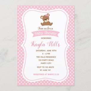 Bear Baby Shower Invitations (Girl) Pink Polka Dot