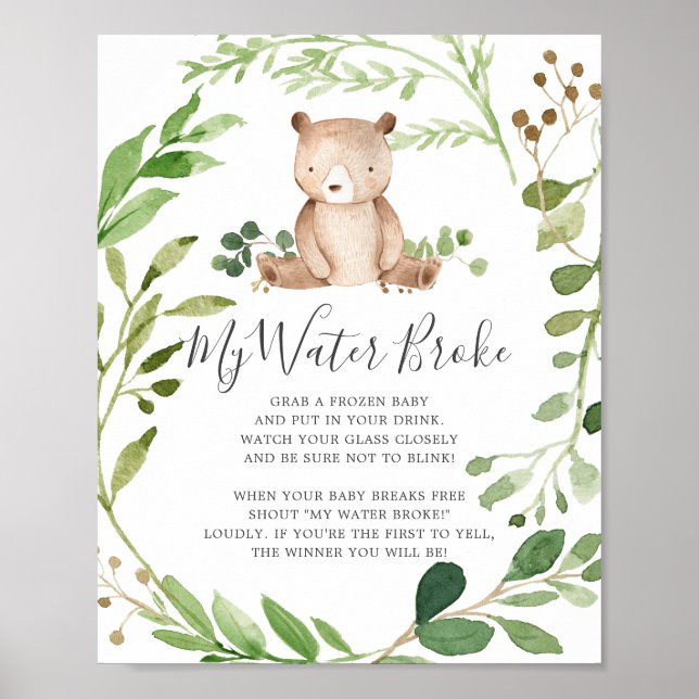 Bear Baby Shower My Water Broke Sign (Front)