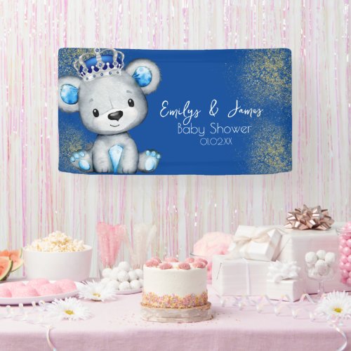 Bear Baby Shower Prince Sparkly Blue Boys Banner