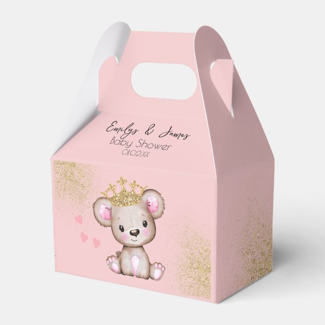 Bear Baby Shower Princess Sparkly Pink Gold Favor Boxes (Front Side)
