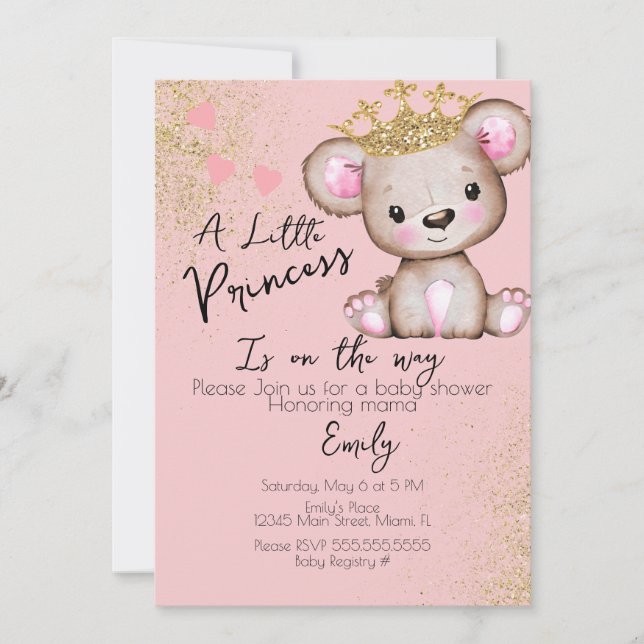 Bear Baby Shower Princess Sparkly Pink Invitation (Front)