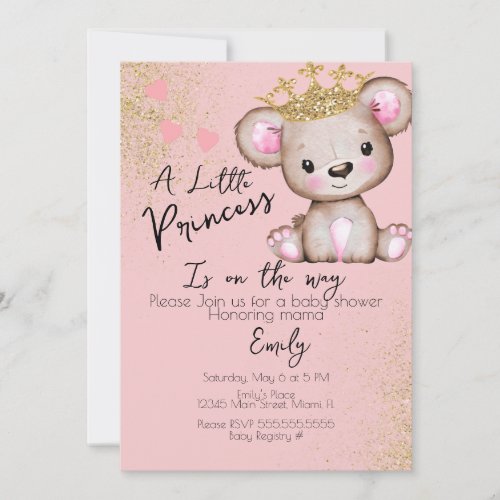 Bear Baby Shower Princess Sparkly Pink Invitation