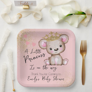 Bear Baby Shower Princess Sparkly Pink Paper Plates