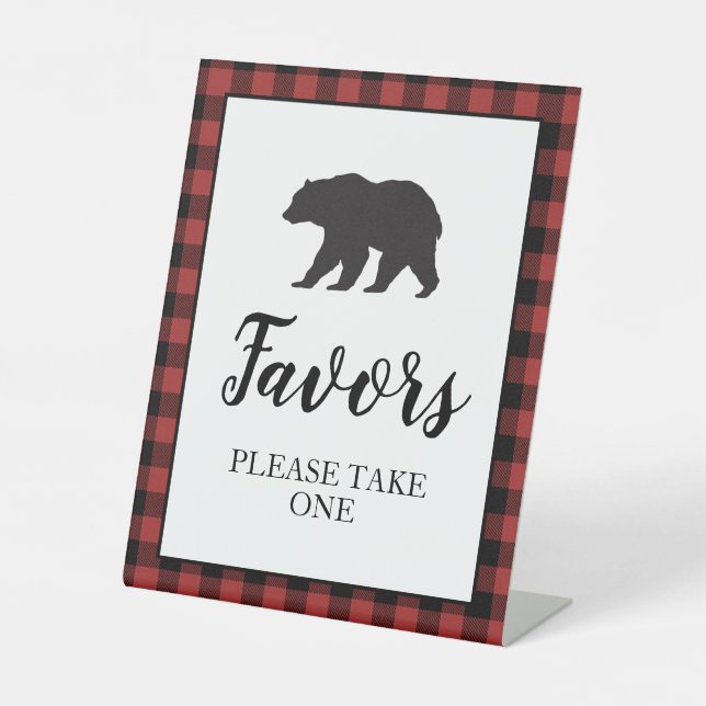 Bear Baby Shower red Plaid Favor Pedestal Sign (Front)