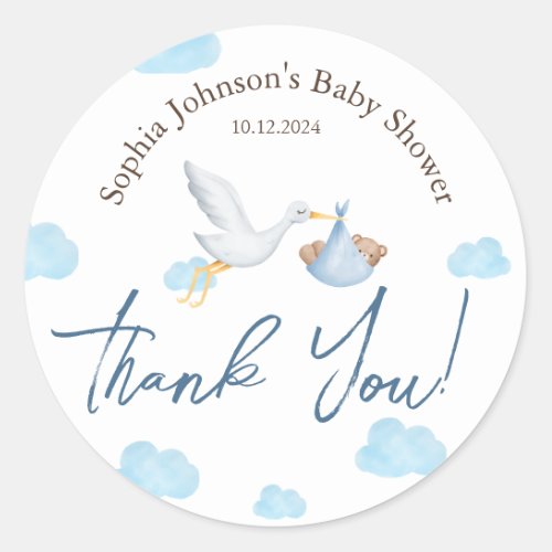 Bear Baby Shower Stork Delivery Baby Boy Classic Round Sticker