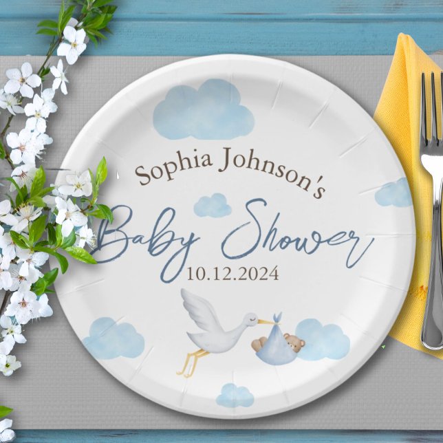 Bear Baby Shower, Stork Delivery, Baby Boy Paper Plates (Creator Uploaded)