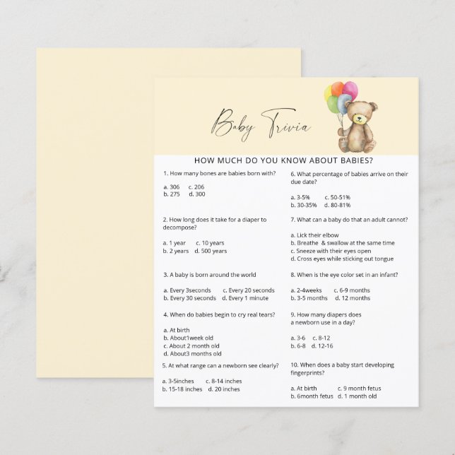 Bear - Baby Trivia | Baby Shower Game (Front/Back)