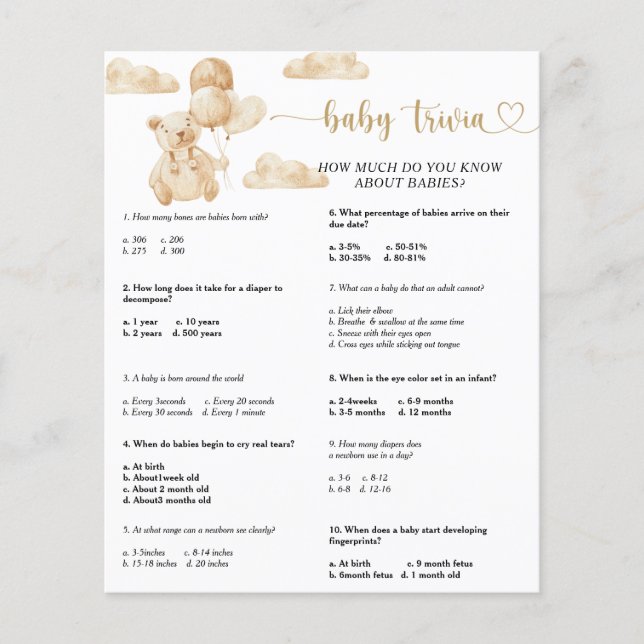Bear Baby Trivia | Baby Shower Game (Front)