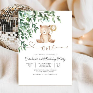 Bear Balloon 1st Birthday Invitation