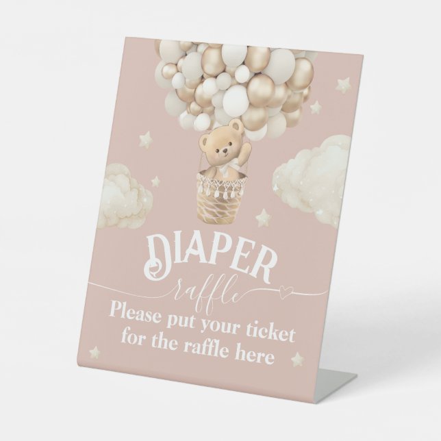 Bear Balloon Baby Girl Shower diaper raffle Pedestal Sign (Front)