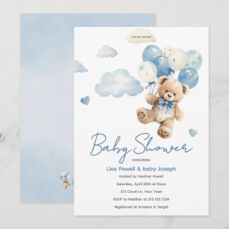 Bear Balloon Baby Shower Cloud Watercolor Invitation