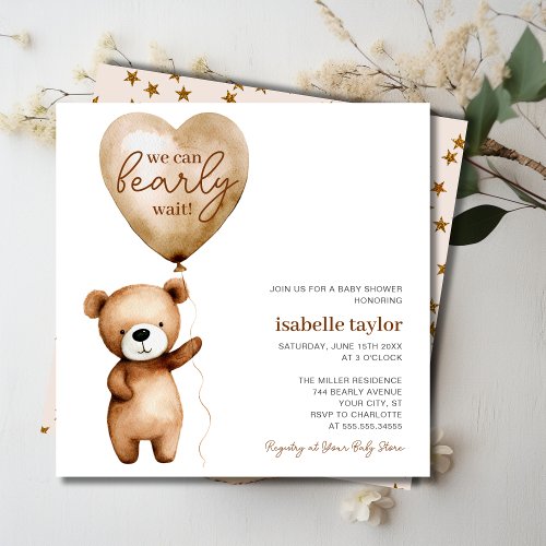 Bear Balloon Bearly Wait Baby Shower Invitation