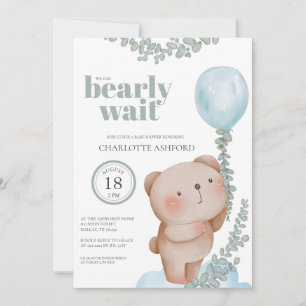 Bear Balloon Bearly Wait Blue Boy Baby Invitation