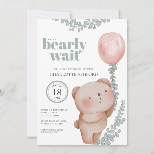Bear Balloon Bearly Wait Girl Pink Baby Invitation