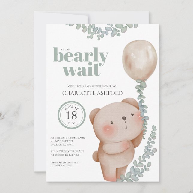 Bear Balloon Bearly Wait Neutral Baby Invitation (Front)