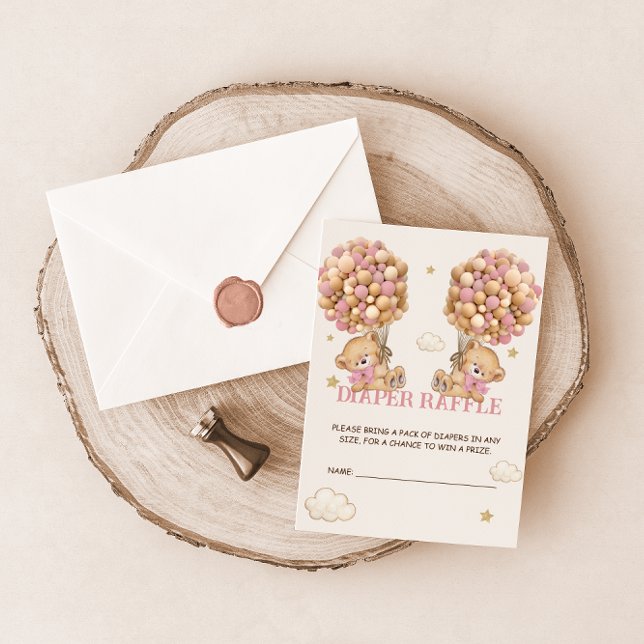 Bear Balloon Bearly Wait Twins Pink Diaper Raffle  Enclosure Card (Creator Uploaded)