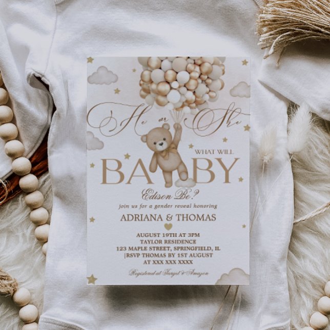 Bear Balloon Gender Reveal  Invitation (Creator Uploaded)