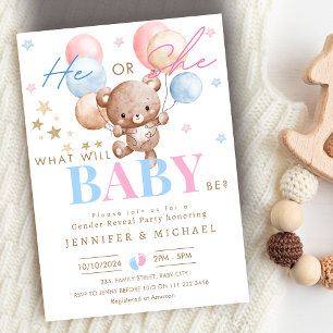 Bear Balloon Gender Reveal Party Boy or Girl Invitation