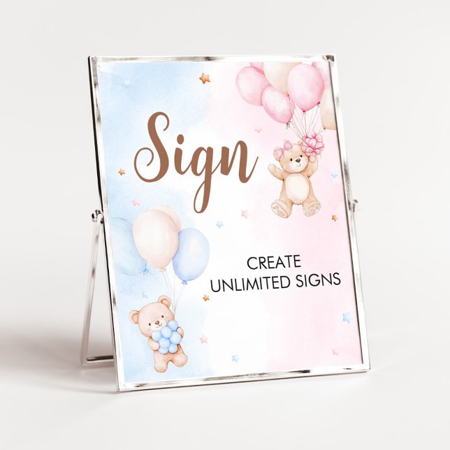 Bear Balloon Gender Reveal Sign (Bear Balloon He or She Gender Reveal Custom Sign)